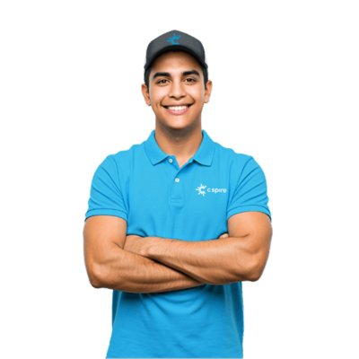 A person wearing a blue C Spire polo shirt and matching cap stands with arms crossed and smiles at the camera against a plain background.