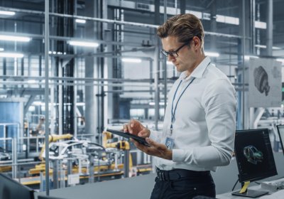 Man on manufacturing floor looking at tablet