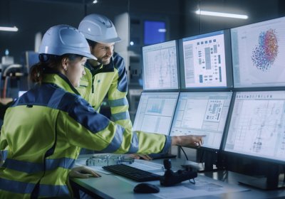 Man and women on manufacturing flooring looking at computer monitors