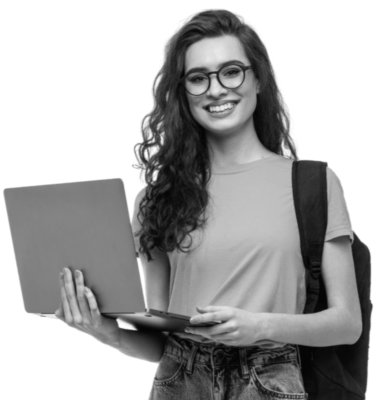 Happy cute student girl with backpack standing and holding laptop isolated on a white background